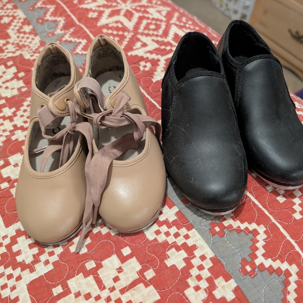 Tan Ballet Flats and Black Slip-On Shoes